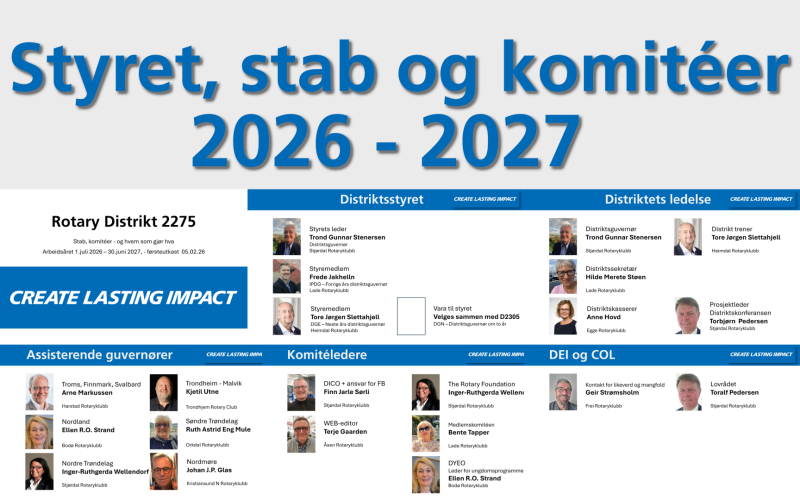 Distriktets styre, stab og komiteledere 2026-27